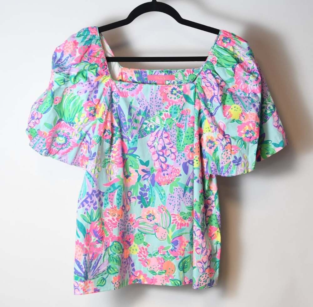 Lilly Pulitzer Pink Purple Floral Puff Sleeve Top Size M 100% Cotton